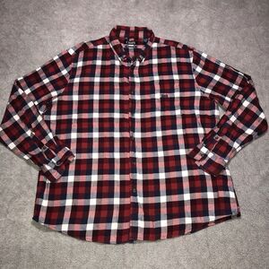 Chaps Men's Performance Flannel‎ Button Up Shirt 2XL Plaid Red Navy White